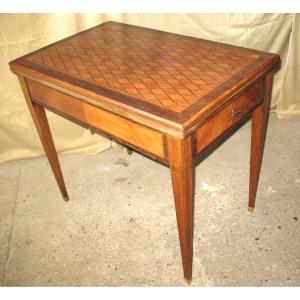 Games And System Table In Marquetry Decorated With Diamonds, 19th Century, Louis XVI Style