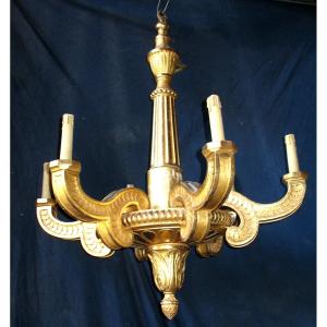 Empire Style Chandelier In Gilded Wood With 6 Arms Of Light, Early 19th Century