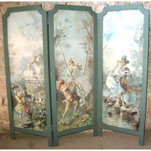Small 3-leaf Screen With Watercolor Genre Scenes In Louis XV Style, 20th Century