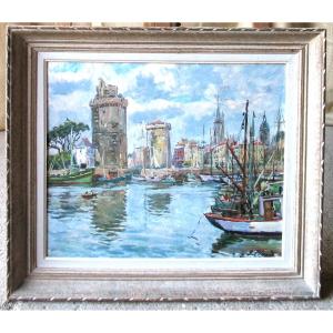 View Of The Port Of La Rochelle Oil On Canvas Framed And Signed By Georges Planès