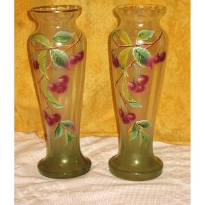 Pair Of Enameled Glass Vases Decorated With Cherries, Early 20th Century