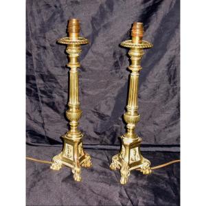 Pair Of Candlesticks Mounted As Bronze Lamps From The Early 20th Century