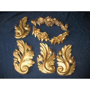 Set Of 7 Elements In Gilded Wood And Carved With Floral Decoration, 19th Century