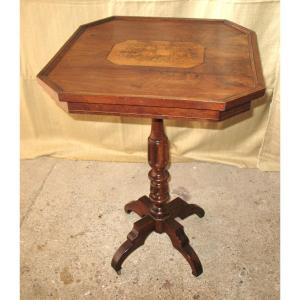 Small Octagonal Pedestal Table In Mahogany And Marquetry With Floral Decoration, Restoration Period 19th