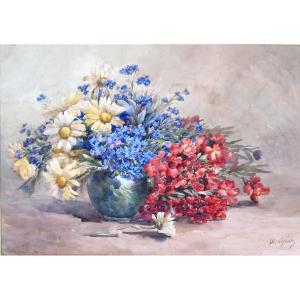 Aquarelle bouquet de fleurs dans un vase signée de M. Lejour époque 19ème d : 71 x 57 cm