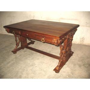Flat Desk In Solid Blond Walnut 19th Century Haute Epoque Style