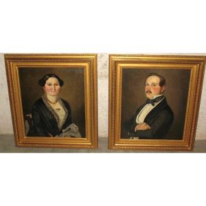 Paire de portraits couple en buste signé M.V. Ziegler huiles sur toile époque  milieu 19ème