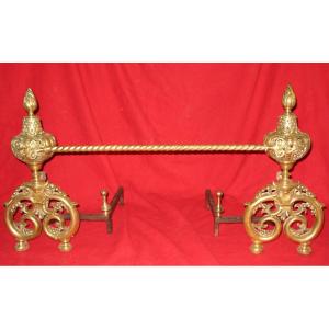 Pair Of Complete Bronze And Wrought Iron Andirons, 19th Century Renaissance Style