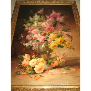 Edmond Van Coppenolle Large Bouquet Of Flowers Still Life Oil On Canvas Framed Late 19th