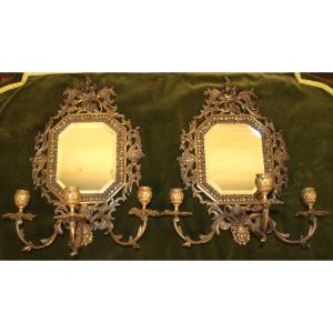 Pair Of Bronze Wall Lights With 3 Light Arms And Mirror, Louis XV Style, 19th Century