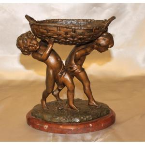 Sculpture signée Charles Théodore Perron 2 enfants portant un panier patine bronze ép. fin 19èm