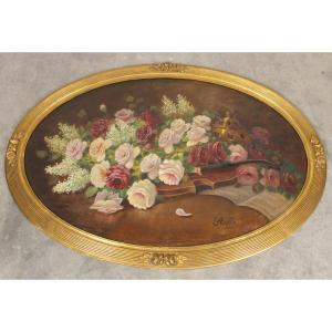 Grande gouache sur panneau à décor floral époque Art Déco avec son cadre en bois doré d'origine