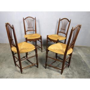 Set Of 4 Provençal Straw Chairs In Fruit Wood, 19th Century