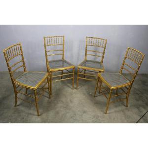 Suite de 4 chaises de théâtre en bois doré style bambou époque fin 19ème