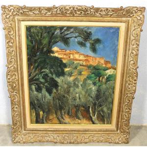 Vue de Ramatuelle Huile sur toile signée Harry Bloomfield avec son cadre d'origine Montparnasse