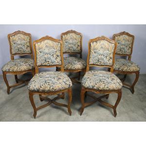 Henri Amand Set Of 5 Natural Wood Chairs Stamped Louis XV Period 18th Century
