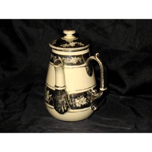 19th-century Earthenware Chocolate Pot From Langeais, Signed Cb, Decorated With Pansies.