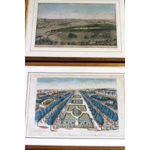 Vues d'optique Paris aquarellées encadrées ép. 18ème Vue générale et Vue du jardin des plantes