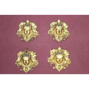 Set Of 4 Cherub Head Mascarons - Cupids In Gilt Bronze, 19th Century, Furniture Decoration
