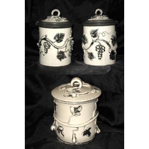 Three Earthenware Tobacco Jars From Langeais, Decorated With Pear Trees And Vines, Marked Cb, 19th Century