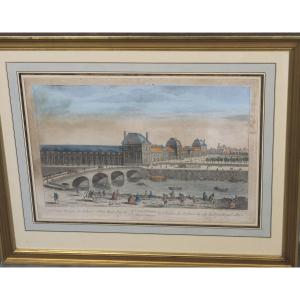 Vue d'optique Le château des Tuileries à Paris vu du Pont Royal époque 18ème encadrée