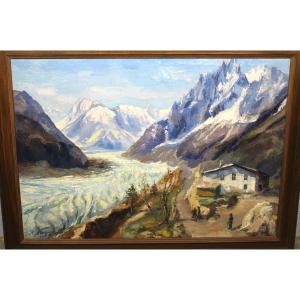 View Of The Mer De Glace At Montenvers, Chamonix-mont-blanc. Oil On Canvas, Signed H. Hudzinski