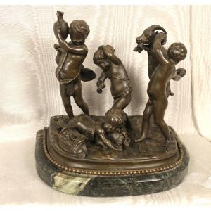 Bronze Group On Marble Base Sculpture By Clodion Putti Or Children And The Goat