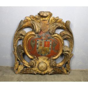 Gilded Wood Paneling Carved With Coat Of Arms - Polychrome Coat Of Arms Louis XIV Period - 17th Century