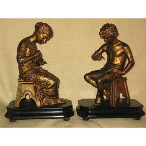 Pair Of Antique Sculptures On Blackened Pearwood Bases, Napoleon III Period, 19th Century