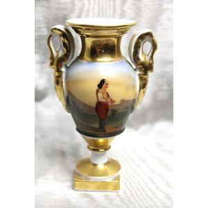 Vase en porcelaine de Paris époque Empire à décor lacustre animé époque 19ème