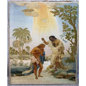 Le baptème de Jésus Christ par Jean-Baptiste panneau de broderie et gouache sur soie religieux
