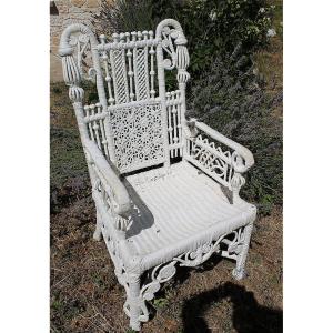 Fauteuil en rotin laqué blanc ép. 1900 style Art Nouveau pour jardin d'hiver, terrasse...