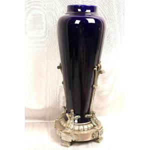 Blue Earthenware Lamp Base With Silver-plated Bronze Arm In The Napoleon III Style