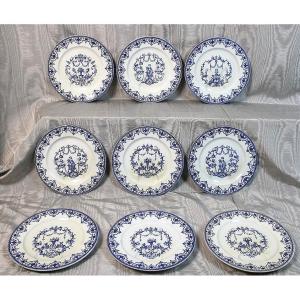 9 assiettes à jus en faïence de Bordeaux décor Moustiers époque Jules Vieillard 19ème