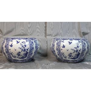 Paire de cache pots en faïence de Gien à décor de Delft très grandes pièces époque 19ème