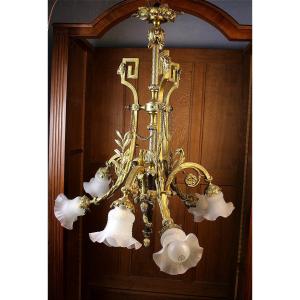 Lustre en bronze style Louis XVI à 6 bras de lumière époque 19ème