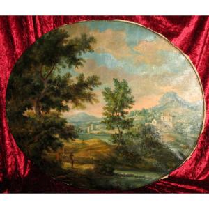 Paysage Italien animé huile sur toile ovale époque 19ème