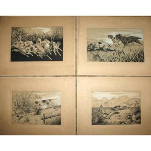 4 Drawings On Hunting XIXth