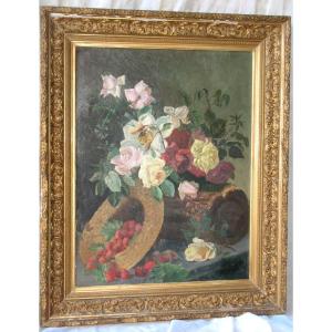 Grande huile sur toile avec bouquet de fleurs et fruits époque 19ème