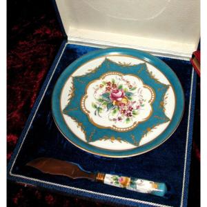 Cheese Or Cake Plate And Its Sèvres Porcelain Knife In Its Original Box