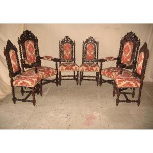 Suite Of 6 Renaissance Style Seats In Carved Oak 19th Time