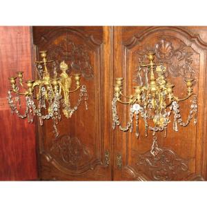 Pair Of Gilt Bronze Sconces And Pendants With 6 Lights In Louis XVI Style, 19th Time