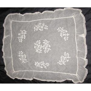 Large Doily In White Embroidery On Tulle 19th Time