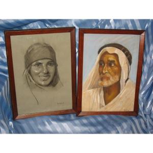 Portraits Of Syria Pastels Signed Harden Period 20th