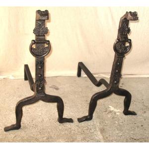 Pair Of Fireplace Landier Andirons Decorated With Fantastic Animals, 20th Century