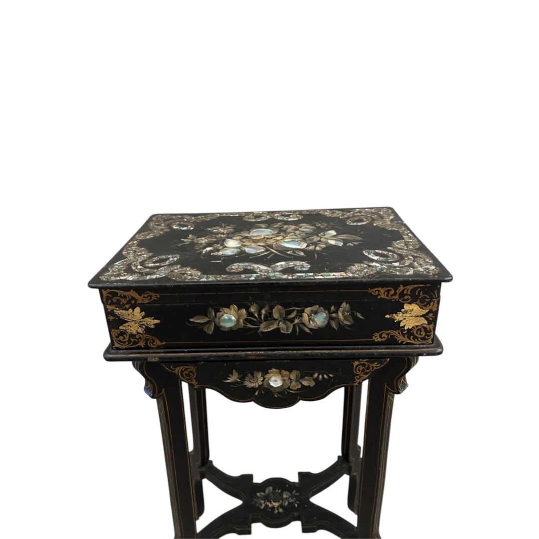 Small Blackened Wooden Sewing Table With Mother-of-pearl Inlay-photo-2