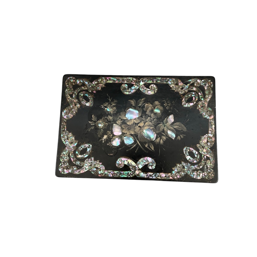 Small Blackened Wooden Sewing Table With Mother-of-pearl Inlay-photo-3