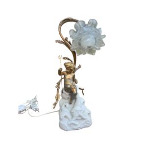 Lampe chérubin bronze sur pierre