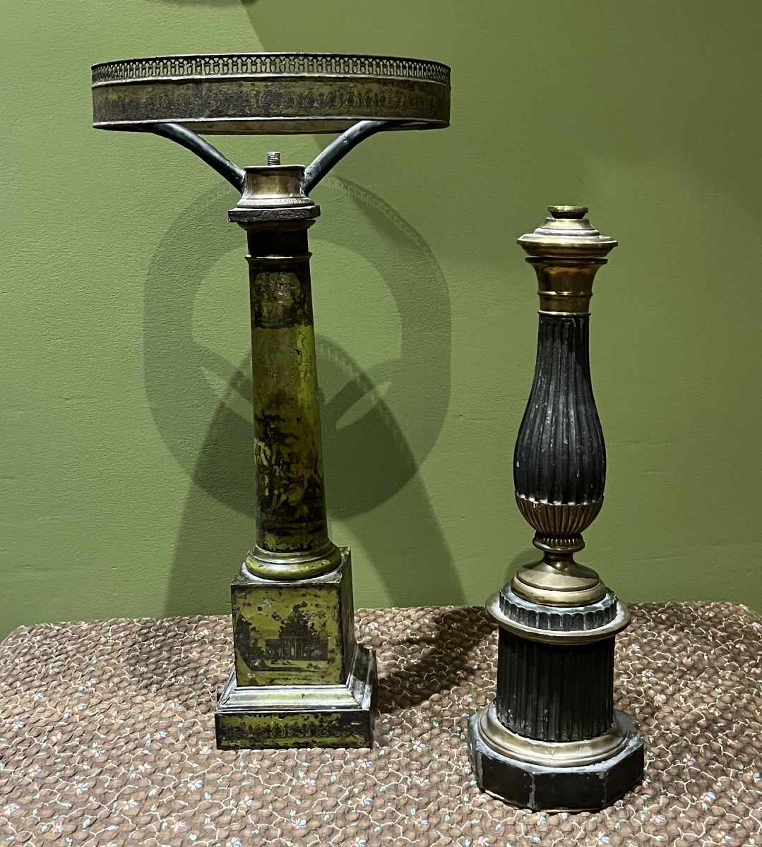 Deux Pieds De Lampe  Tôle Peinte 19ème 