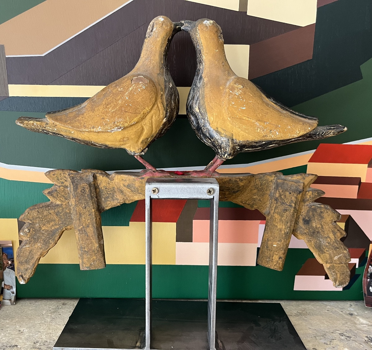2 Polychrome Wooden Doves -photo-4